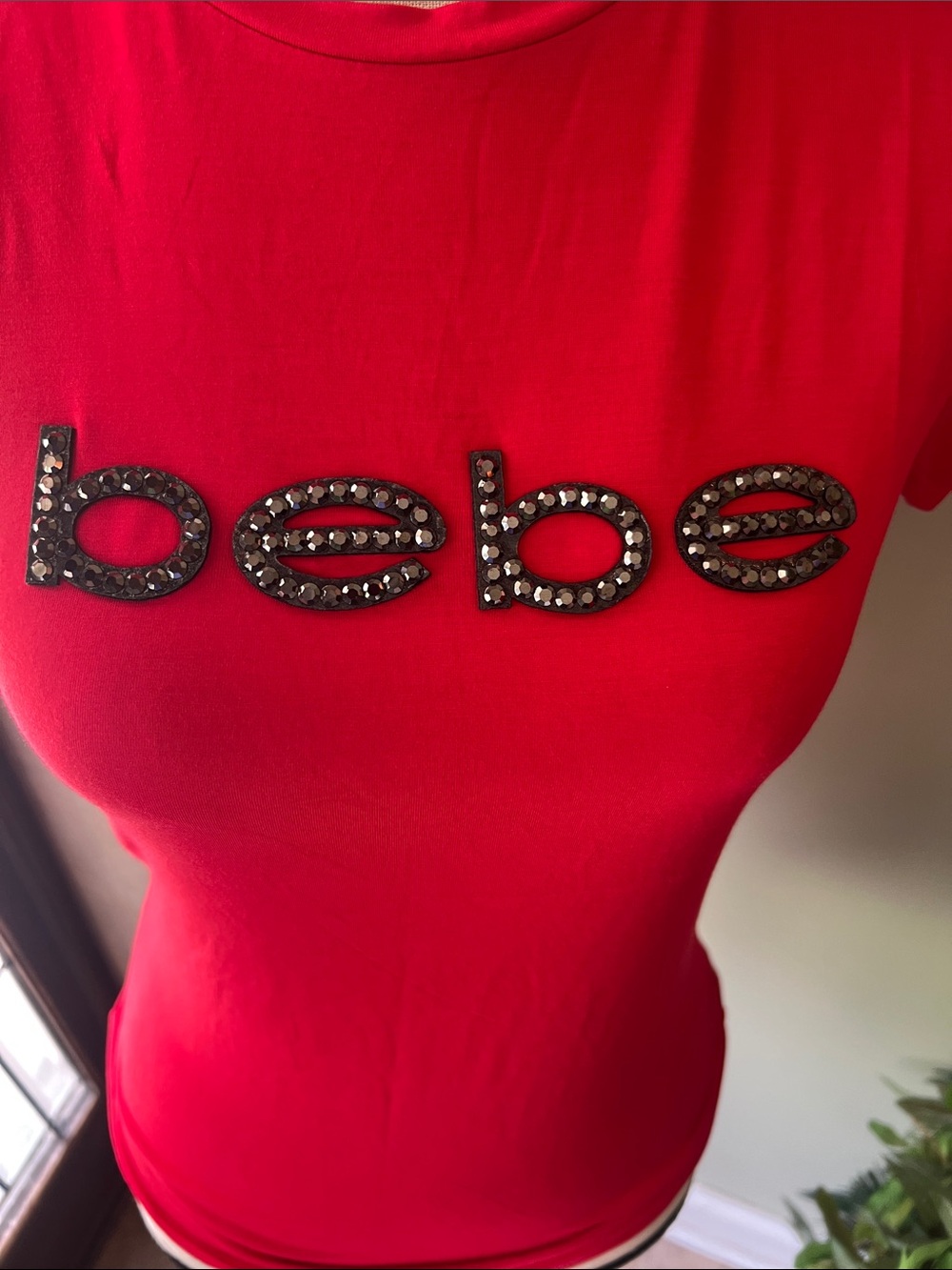 bebe Red Rhinestone Logo Short Sleeve Tee - Picture 2 of 8